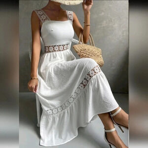 VCAY Guipure Lace Insert Ruffle Hem Dress